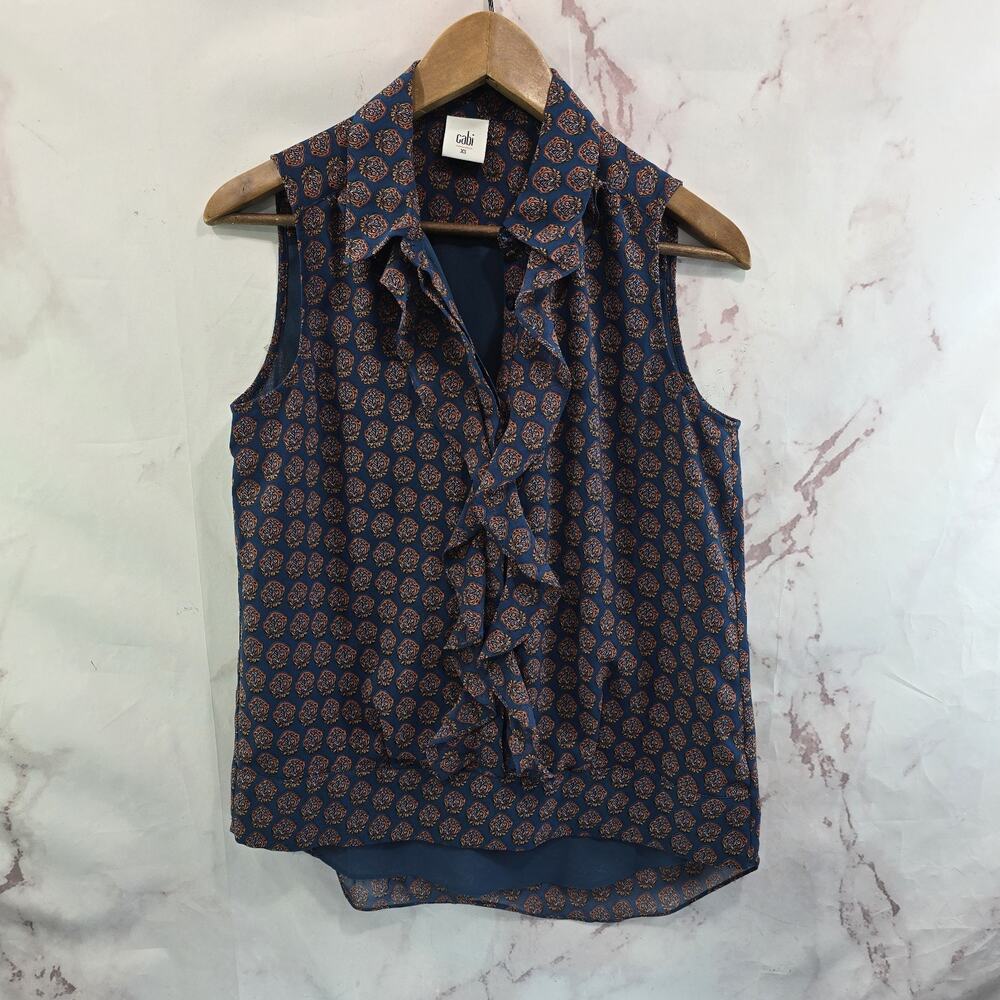 CAbi Tank Top Womens XS Blue Blouse Reign Layer 3275 V Neck Ruffle Medallion